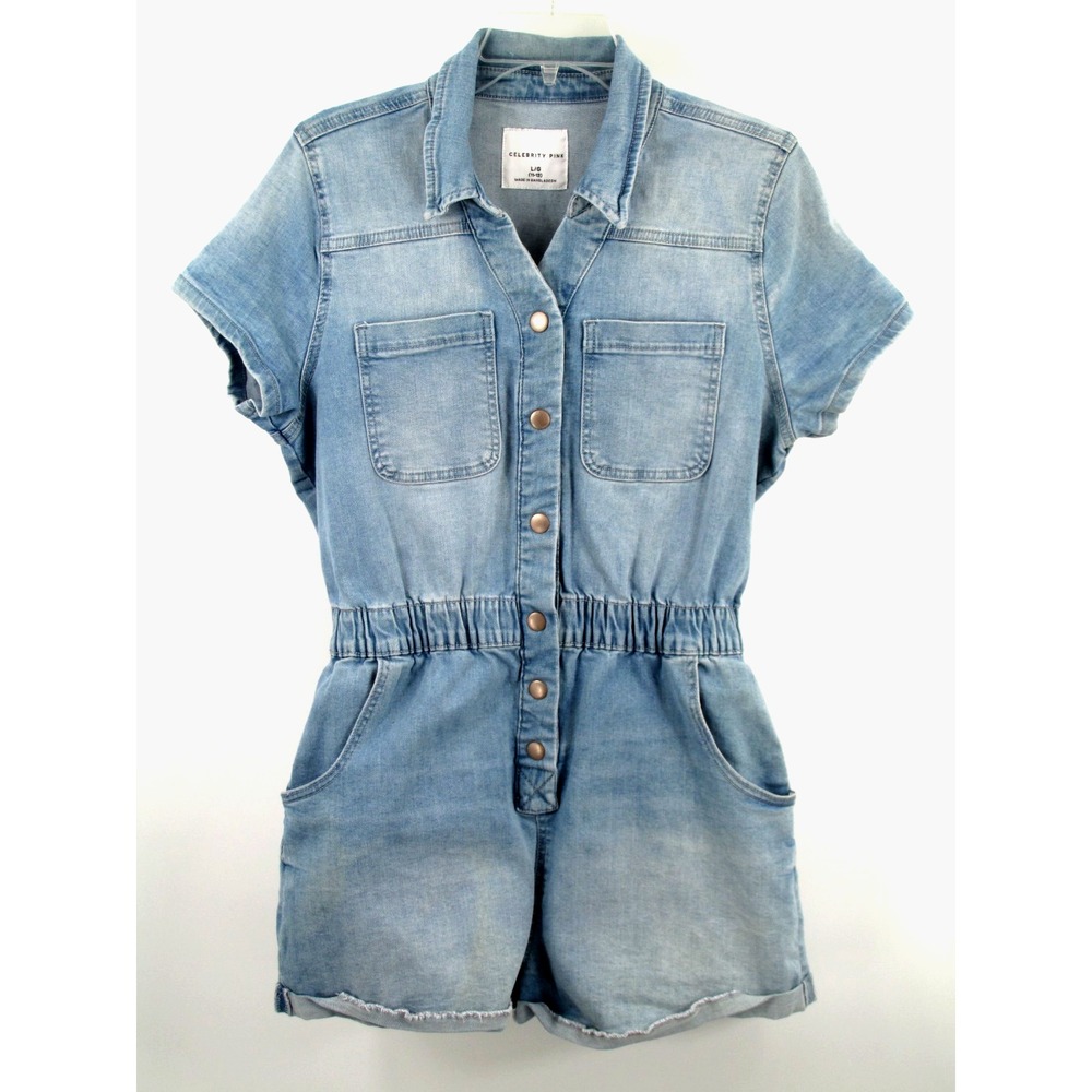 Celebrity Pink Denim Romper Shorts Womens Large 11/13 Blue Jean Snap Stretch